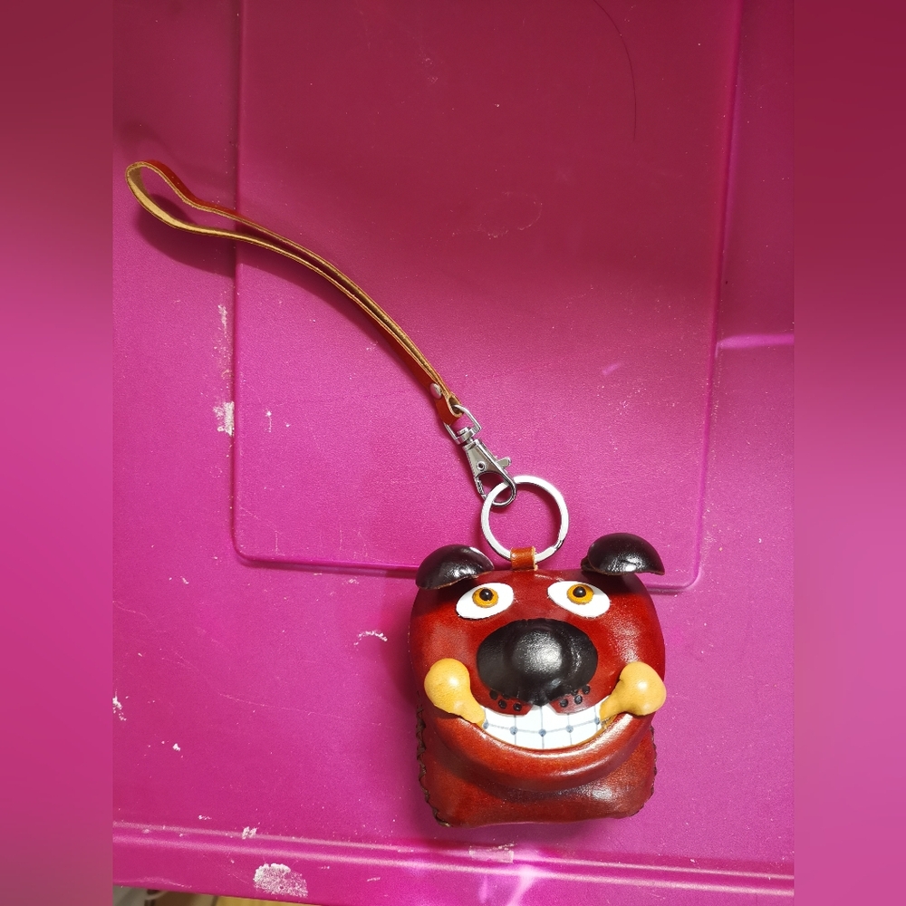 Leather Puppy Dog Holding Bone Coin Purse Keychain